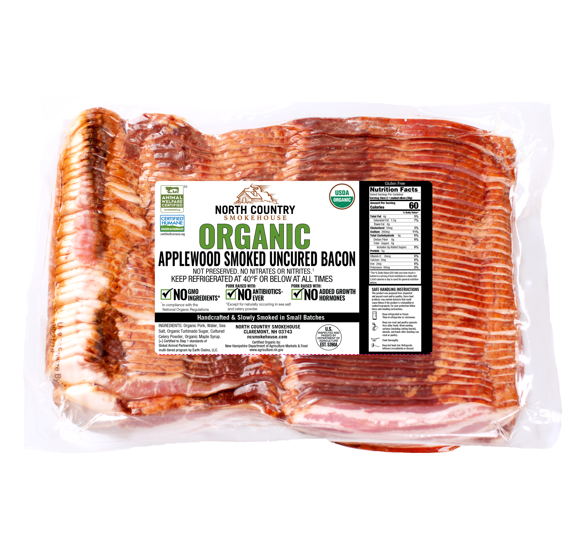 26145 organic uncured bacon regular 5lb square copy Organic Applewood Smoked Uncured Bacon bulk package